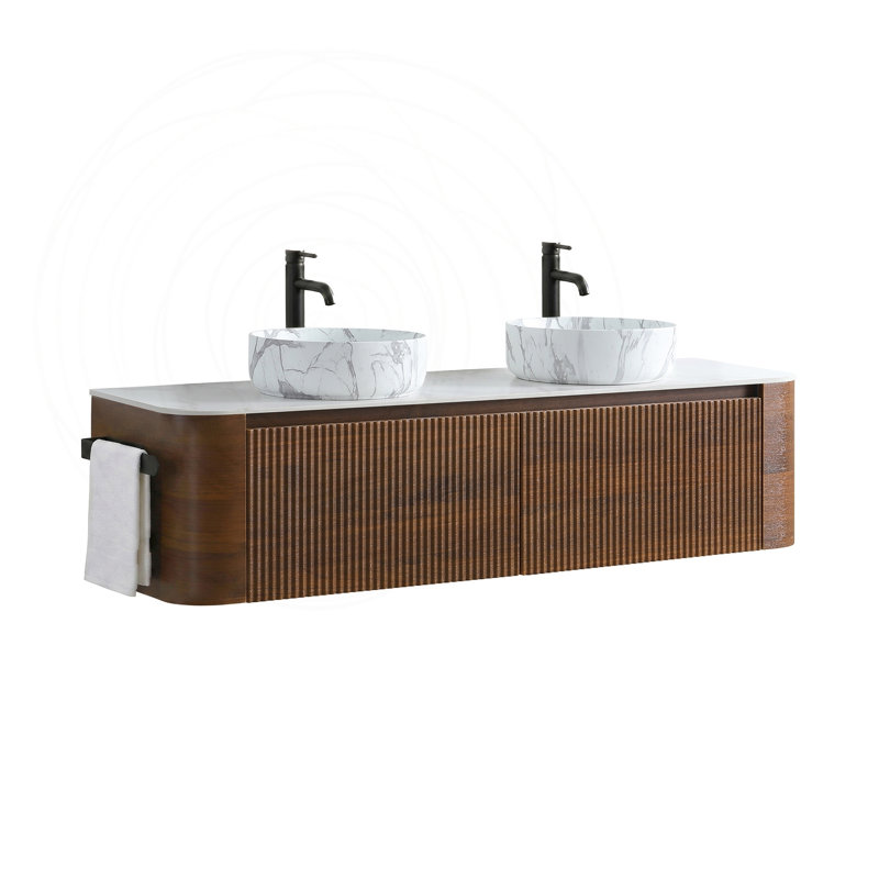 Meuble-lavabo double 60 po avec lavabo blanc Carrara et porte-serviettes 60 po, Walnut, L 60 po