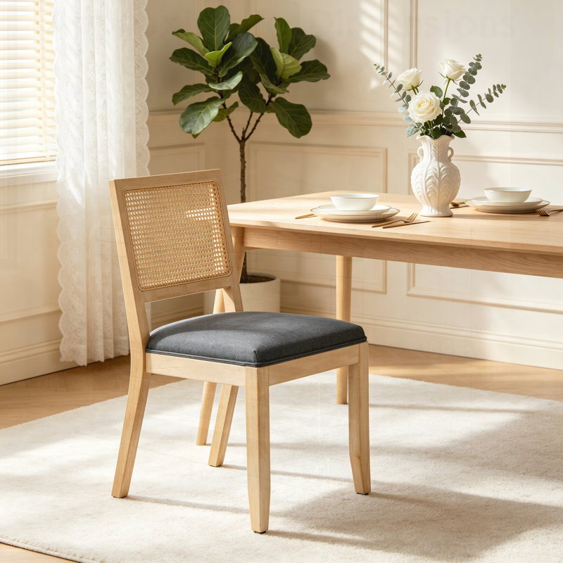 Ensemble de 2 chaises de salle à manger en rotin de style campagnard avec dossier bas et cadre en bois massif, Gris, Grey