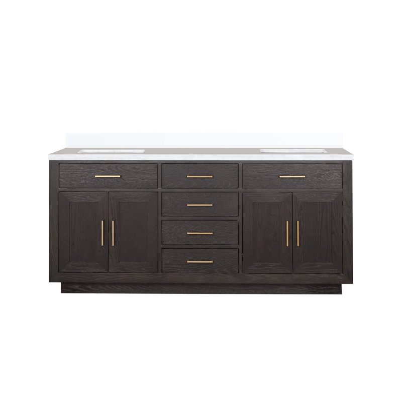 72" Double Bathroom Vanity Set, Brown Oak, White Quartz