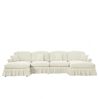 Canapé modulaire classique en U en chenille 4 places avec accoudoirs évasés, jupe à volants et repose-pieds mobile - beige classique