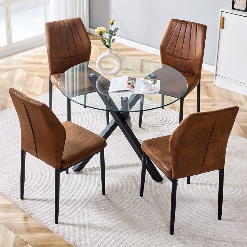 Ensemble de table de salle à manger ronde pour 4 personnes, ensemble de table de salle à manger en verre, ensemble de table et chaises de cuisine 5 pièces, pour le salon, petit espace (inclure 4 chaises brunes)