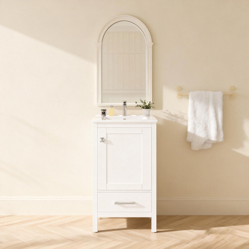 Meuble-lavabo moderne de 20 pouces avec lavabo en céramique, tiroir et porte à fermeture en douceur, organisateur de porte double couche, tiroir de séparation, patins réglables - conception de rangement peu encombrante