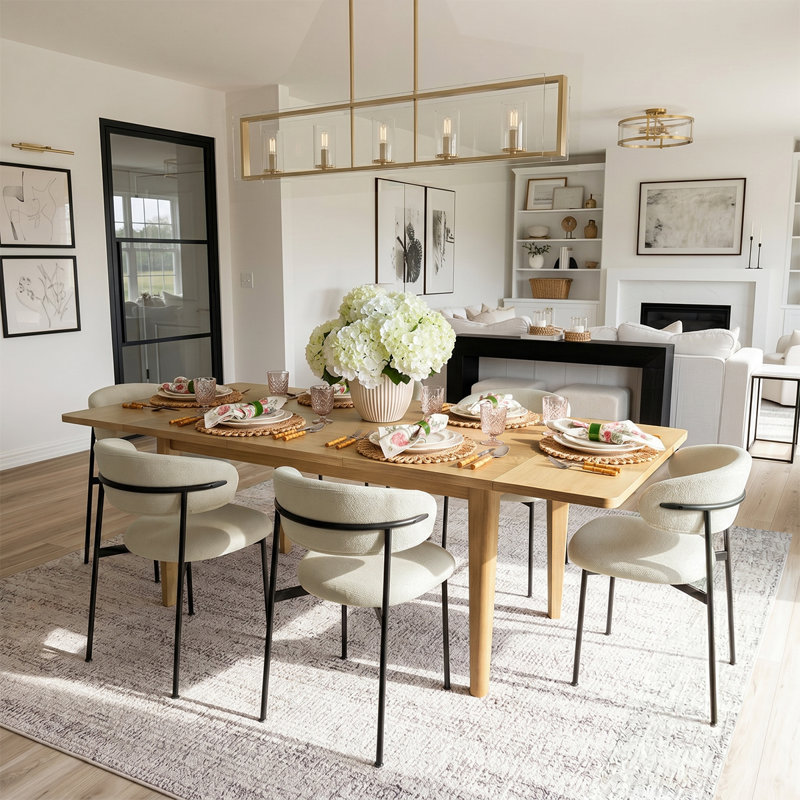 Modern 7-Piece Extendable Dining Set With Rectangular Wood Table And Upholstered Curved Back Chairs, Beige