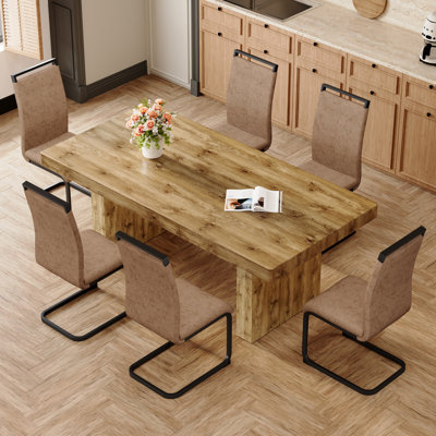 Galan 79" Farmhouse Dining Table Set For 6-10 People, Large Wood Kitchen Dining Set With Upholstered Faux Leather Chairs, Modern Dining Room Furniture Set