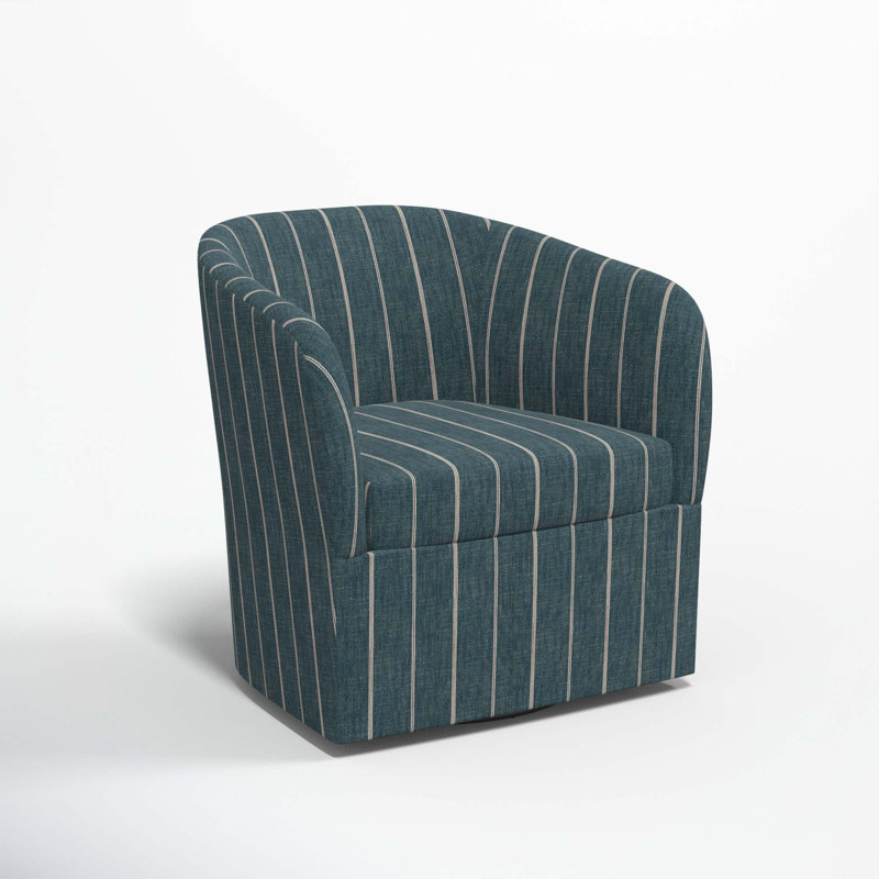 Lesia Upholstered Swivel Barrel Chair, Fritz Indigo Stripe