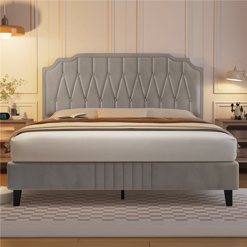 Upholstered Bed Frame with with Diamond Button-Tufted Headboard, Beige, King