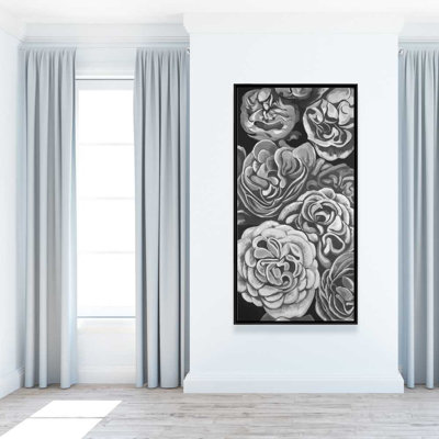 Grayscale Dahlias - Botanical White Framed Canvas Decor