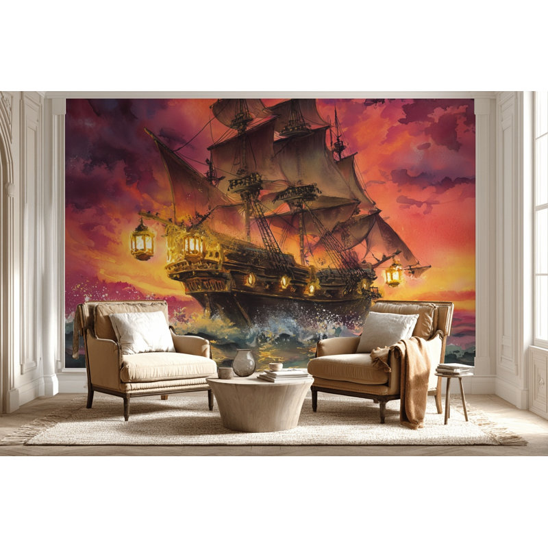 Papier peint mural représentant un bateau au coucher du soleil sur l'océan., 120"x96", Non-Woven Nonpasted