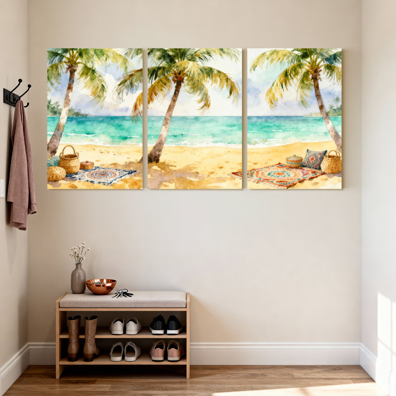 Palmiers, plage tropicale, palmiers et tapis, ensemble de 3 impressions sur toile, H 24 po x l 48 po
