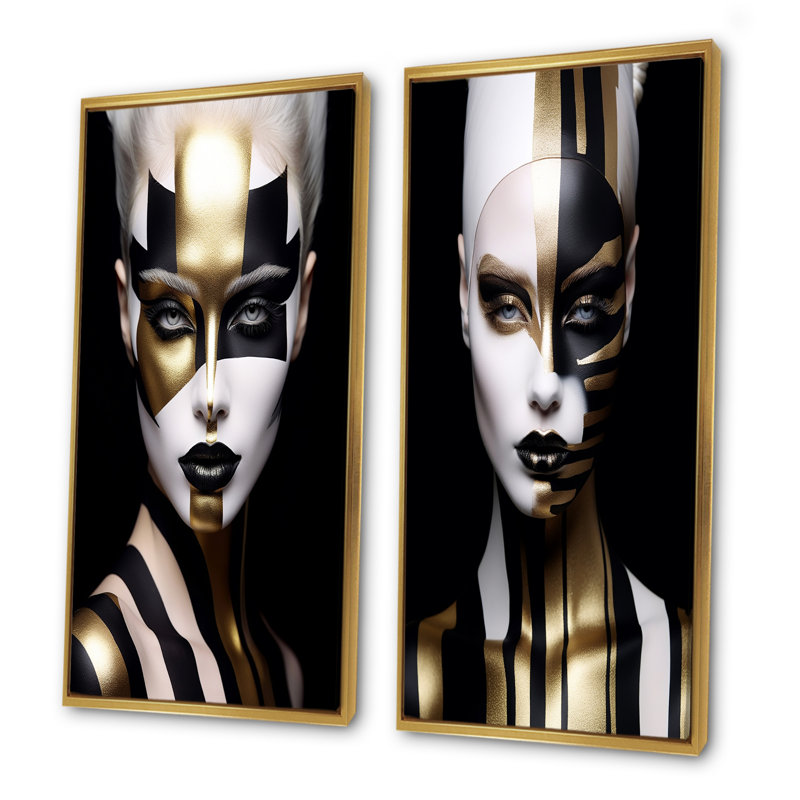 Femme dorée et noire Glam Elegance I - ensemble de 2 reproductions d'art abstrait, Cadre flottant doré, H 32 po x l 33 po