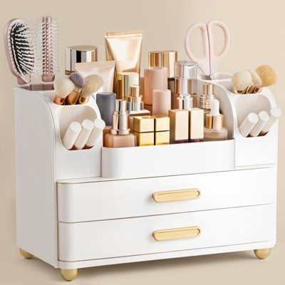 Organisateur de maquillage pour meuble-lavabo avec porte-pinceau, grand espace de rangement pour cosmétiques pour comptoir de salle de bain, rouges à lèvres faciles à ranger, vernis à ongles, parfums, palettes de fards à paupières, tout blanc