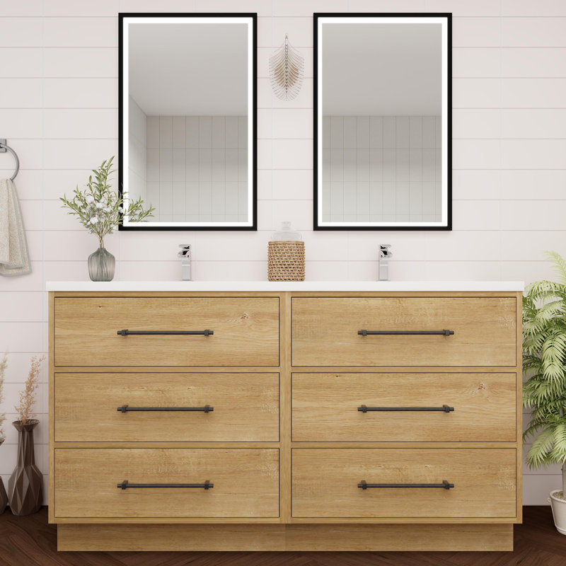 Oak Finish Double Bathroom Vanity with Acrylic Top