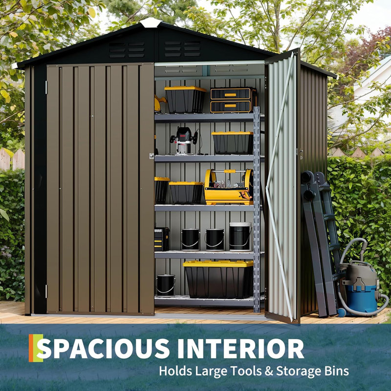 6×4 FT Outdoor Storage Shed, Weather‑Resistant Metal Utility Tool Shed with Lockable Doors, Vented Sloped Roof, Brown, Brun
