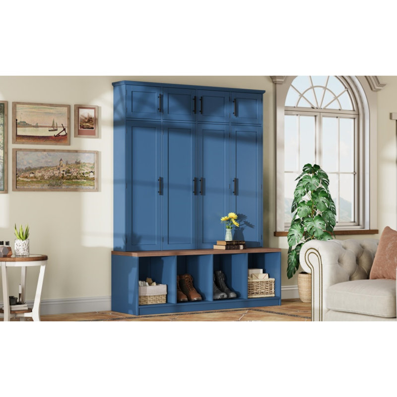 Arbre d'entrée de ferme avec 4 crochets cachés, banc polyvalent avec 8 portes, armoire à chaussures avec compartiment ouvert pour le salon