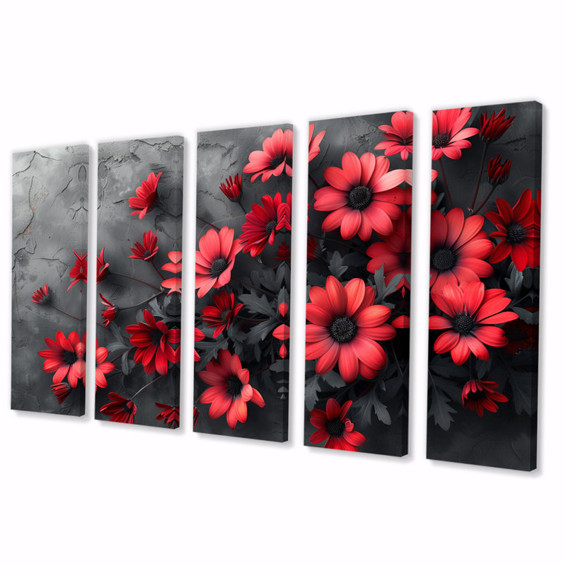 Ensemble de salon mural marguerites monochromes rouges et noires Photo III, H 32 po x l 80 po