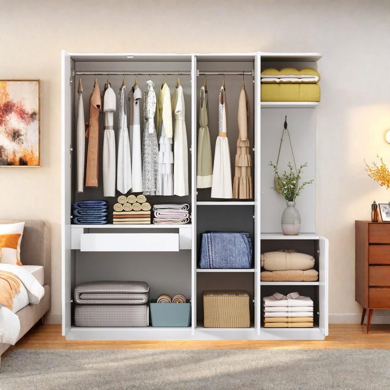 Armoire 4 portes avec tablettes ouvertes, tiroirs, miroir pleine longueur, tringles et crochet, Blanc