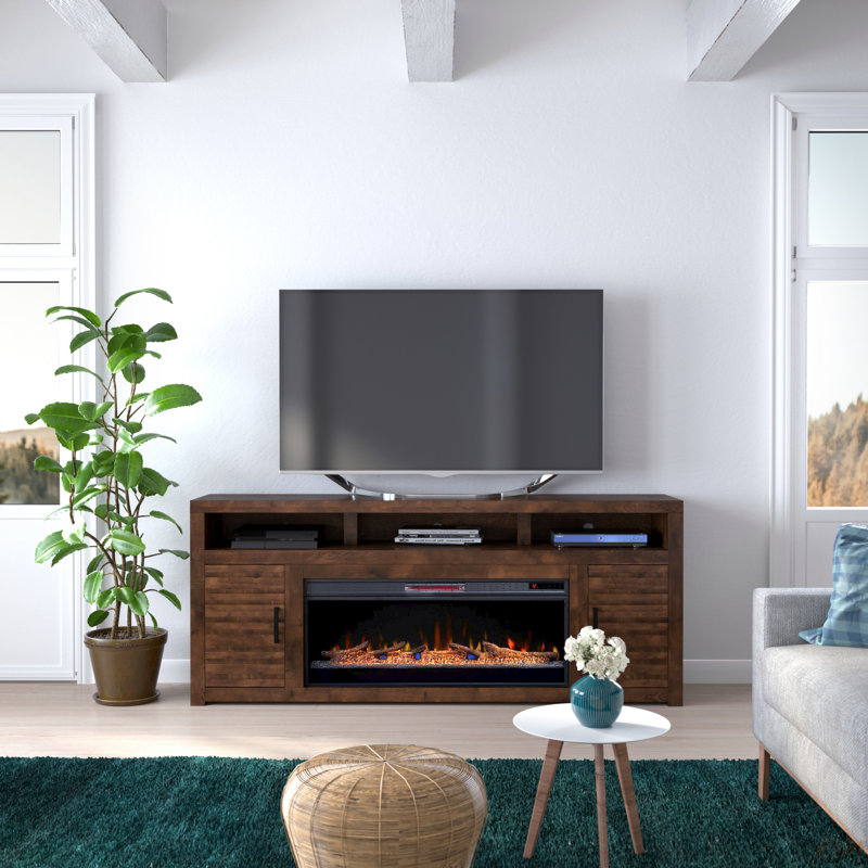 Meuble télé 78 po avec foyer électrique pour téléviseur de 95 po ou moins, assemblage minimal, finition whisky