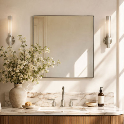 Kessie Square Bathroom Mirror, Brushed Nickel Square Wall Mirror, 30x30'' Brushed Nickel Square Mirror for Bathroom