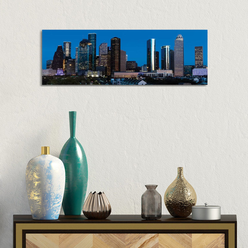 High Rise Buildings In Houston Cityscape Illuminated At Sunset, Houston, Texas by Panoramic Images - Wrapped Canvas Panoramic Gallery-Wrapped Canvas Giclée