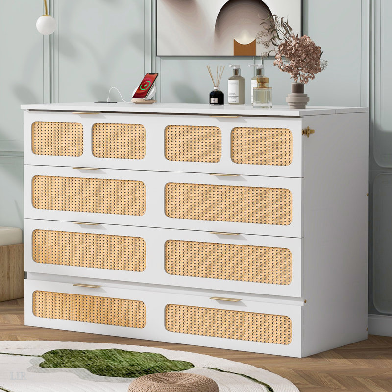 Drawer Murphy Bed Cabinet With Outlets, Queen, White/Natural
