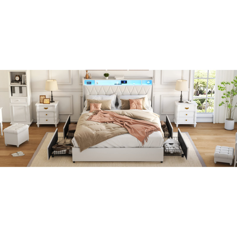 Structure de lit grand, métal blanc, tête de lit ergonomique, structure de plateforme en métal avec bruit et rangement intégré pour une chambre à coucher élégante