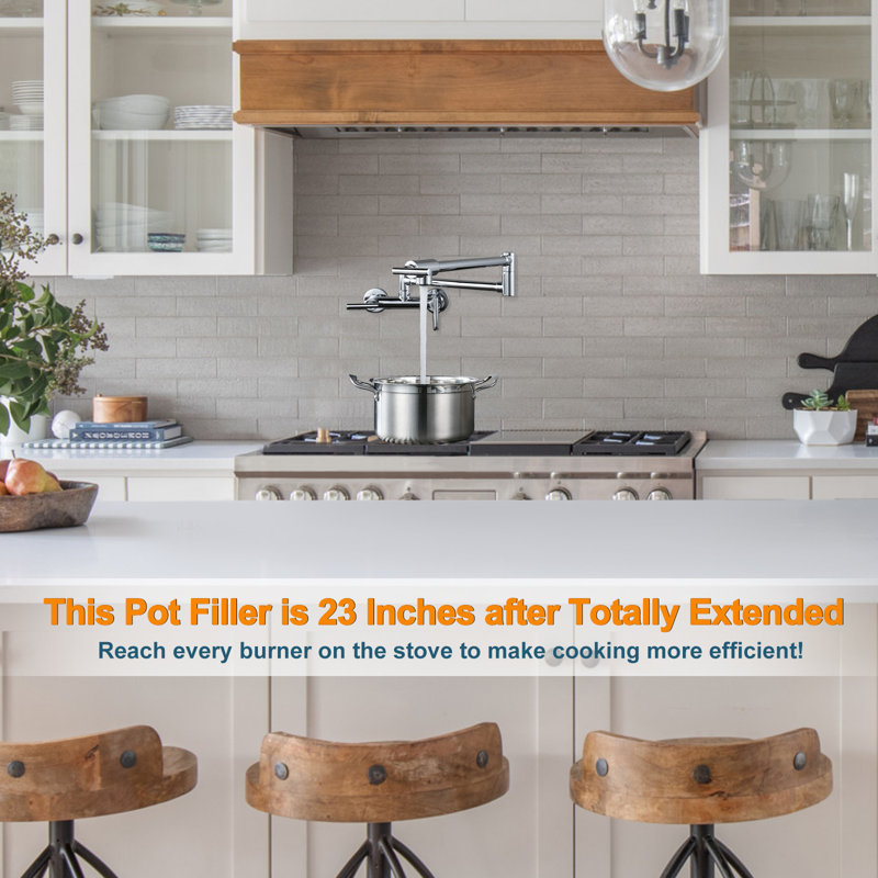 Polished Chrome Wall-Mount 3-Handle Pot Filler Faucet