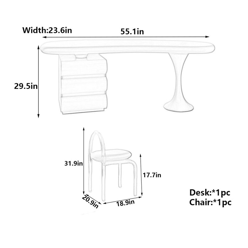 French Cream-Style Round Edge Wooden Desk, 29.5" H x 55.1" W x 23.6" D