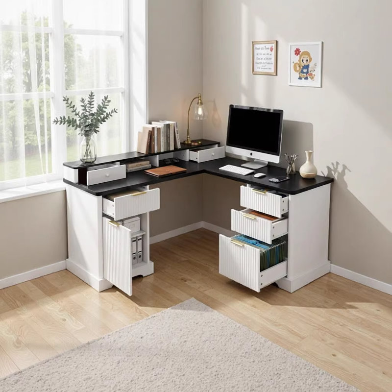 Bureau en L 59 po cannelé avec station de charge et armoire de rangement 59 po Modern, Blanc
