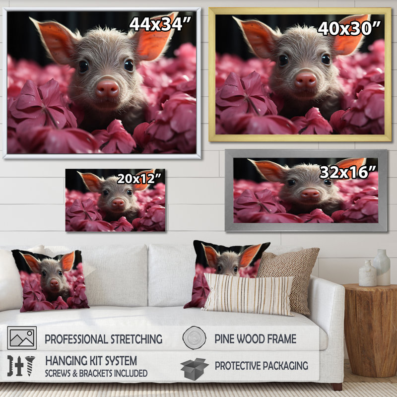 Pink Curious Pig I - Animals Canvas Wall Art, Encadrement doré, H 34 po x l 44 po x P 1,5 po