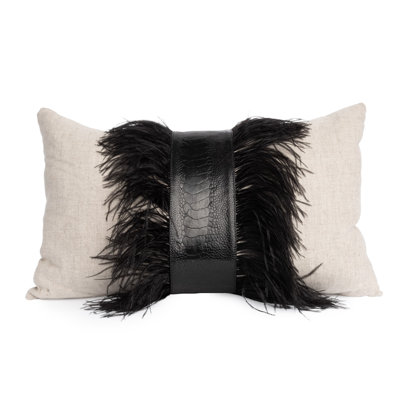 Linen Lumbar Pillow with Ostrich Feather Trim