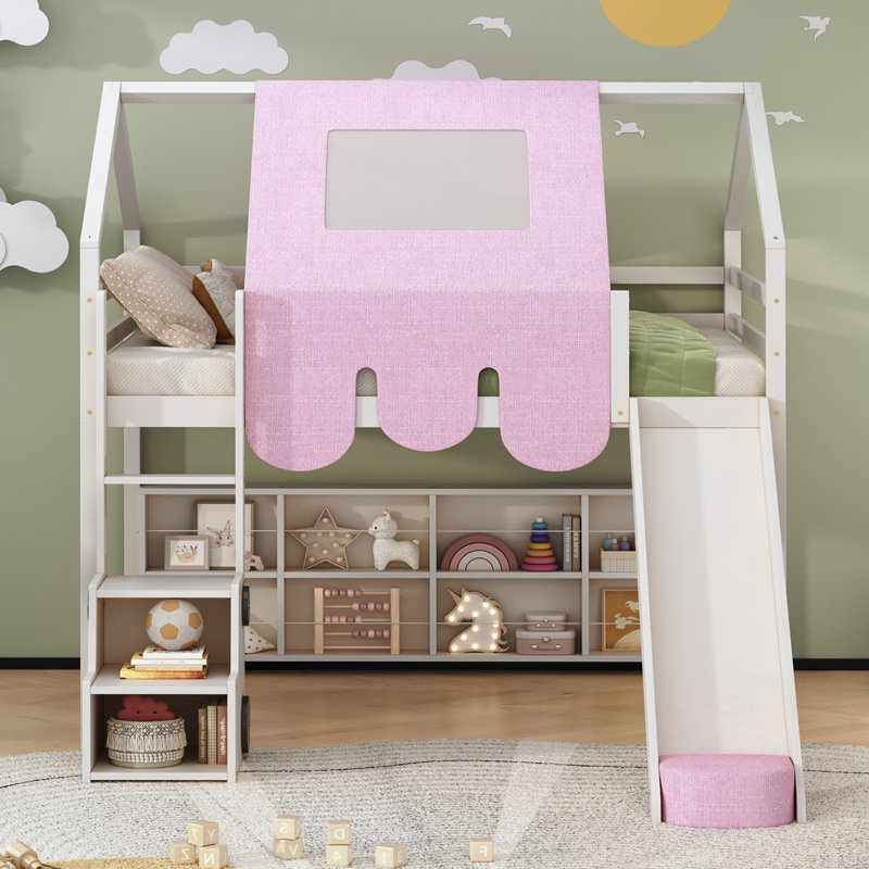 Structure de lit double pleine grandeur en forme de maison en bois avec tente, Blanc