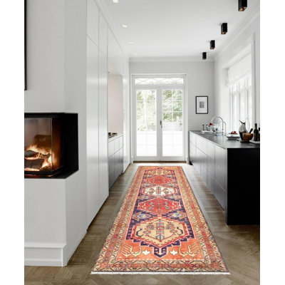 Tapis de couloir en laine / coton noué à la main à motif géométrique bleu marine / doré 3 pi 2 po x 9 pi 3 po