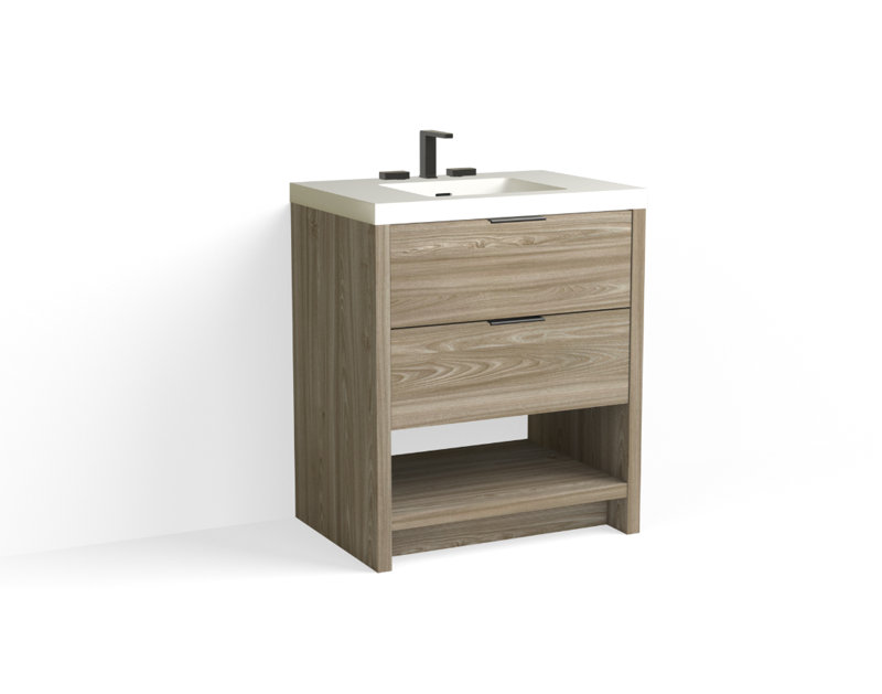 Vue 30" W Freestanding Single Bathroom Vanity, Nimbus, Glossy White/8" Widespread, Matte Black
