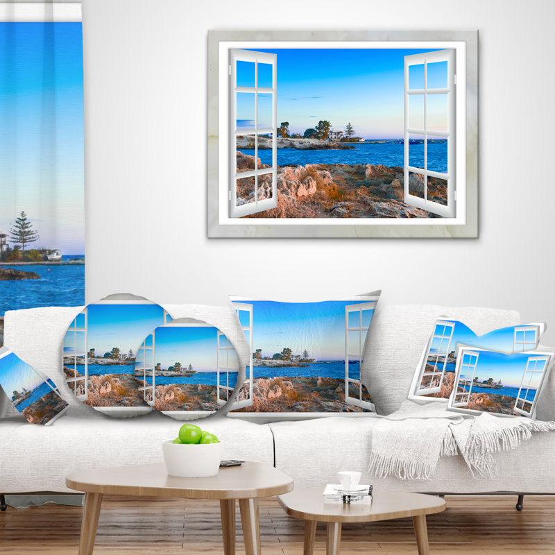 «Open Window to Blue Seashore - Coussin à imprimé paysage», 16 po x 1 po, Coussin décoratif