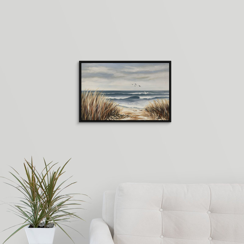 « seascape beach », peinture sur toile, Cadre flottant noir, H 13,7 po x l 19,7 po x p 1,75 po