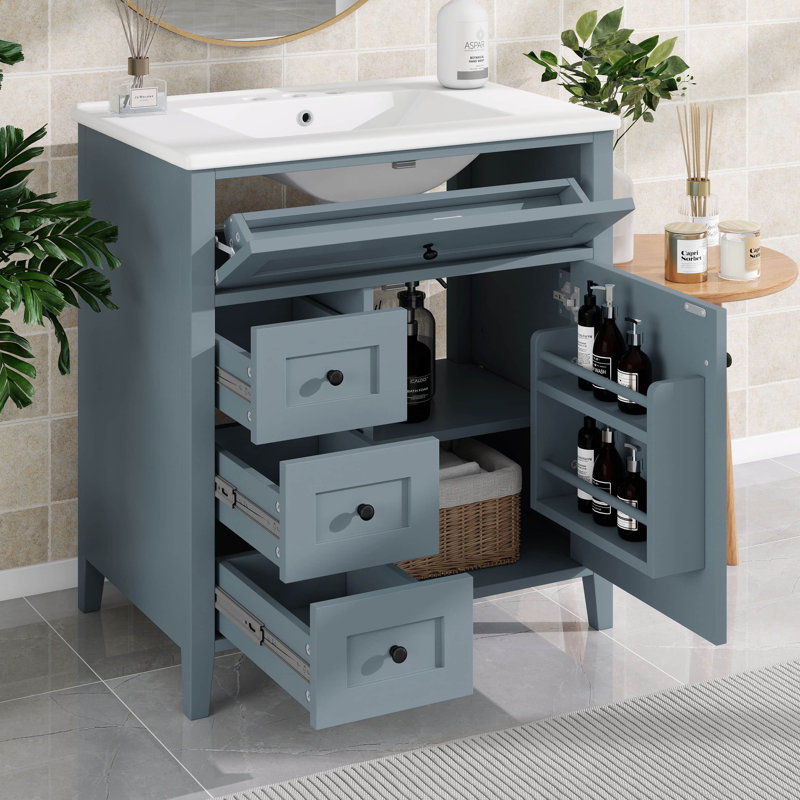 Meuble-lavabo de 30 po avec lavabo, armoire de salle de bain avec 3 tiroirs et tiroir basculant, porte à fermeture en douceur avec rangement