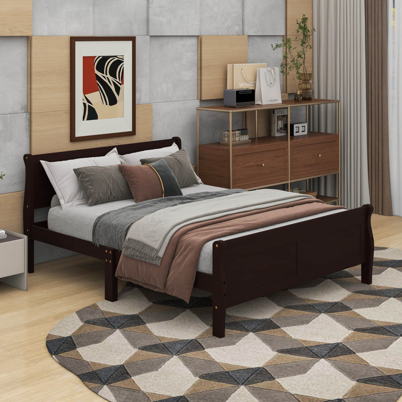 Queen Size Wood Platform Bed With Headboard, Espresso, Queen