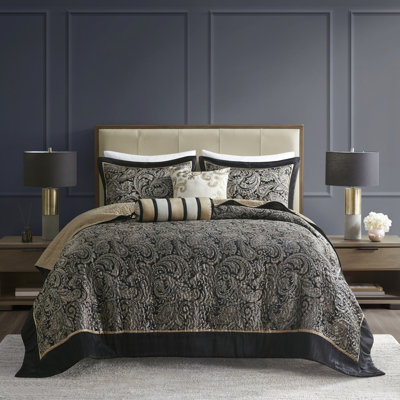 Couvre-lit 5 pièces pour grand lit - noir avec broderie et motif de cachemire à bordure unie