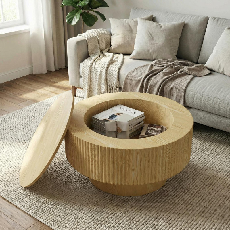 29.5" Modern Round Mdf Coffee Table With Vertical Stripe Design And Hidden Storage, Natural Wood
