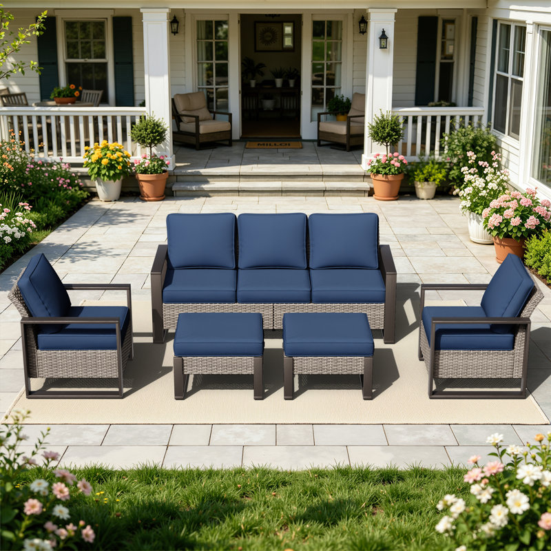 Brayson Wicker 5 - Person Patio Conversation Set with Cushions, Blue