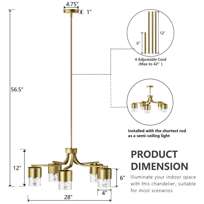 Kailyn 5-light 28"W Polished Brass Modern/traditional Spider Chandelier With Clear Glass Shades For Dining Room Or Kitchen