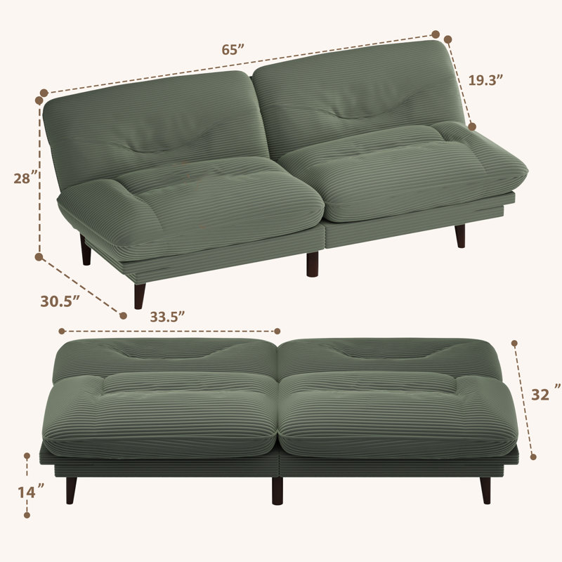 65” Futon multi-person sofa that can be converted into bed with adjustable back and ends, Green Corduroy