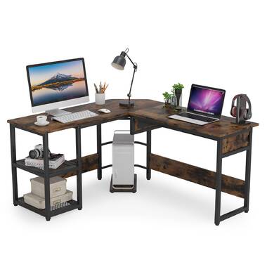Industrial L-Shaped Desk with Storage Shelves, Corner Computer