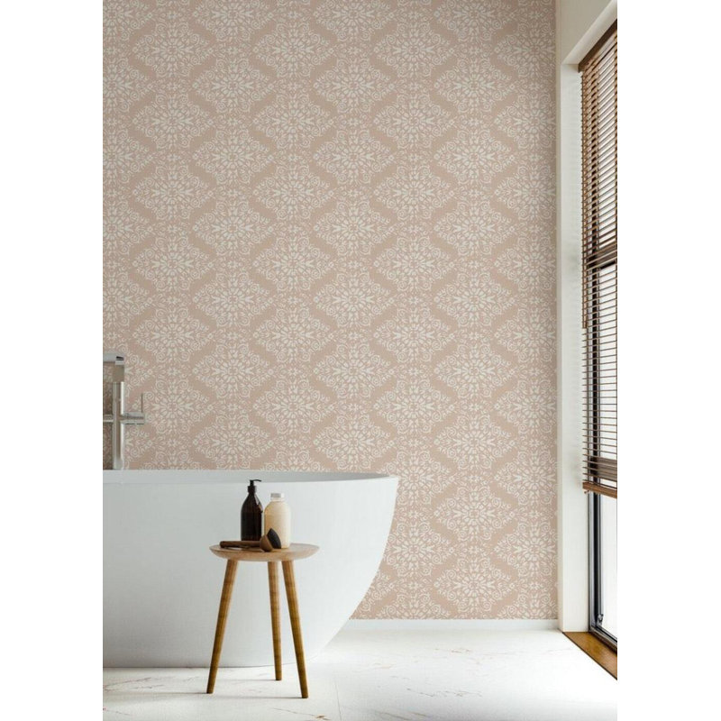 Lady Charlotte Timbre Damask 10' L x 25" W Peel and Stick Wallpaper Tile, Dusty Peach, Non-pasted, Faux Grasscloth