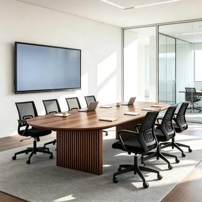 Ensemble de table de conférence ovale moderne en bois massif noyer, comprenant 8 chaises de bureau ergonomiques en filet avec roulettes