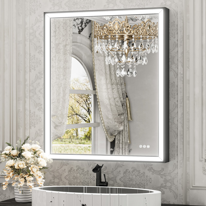 Miroir de salle de bain avant à DEL antibuée avec cadre en métal biseauté, 36 po x 30 po, Noir mat, Rectangulaire