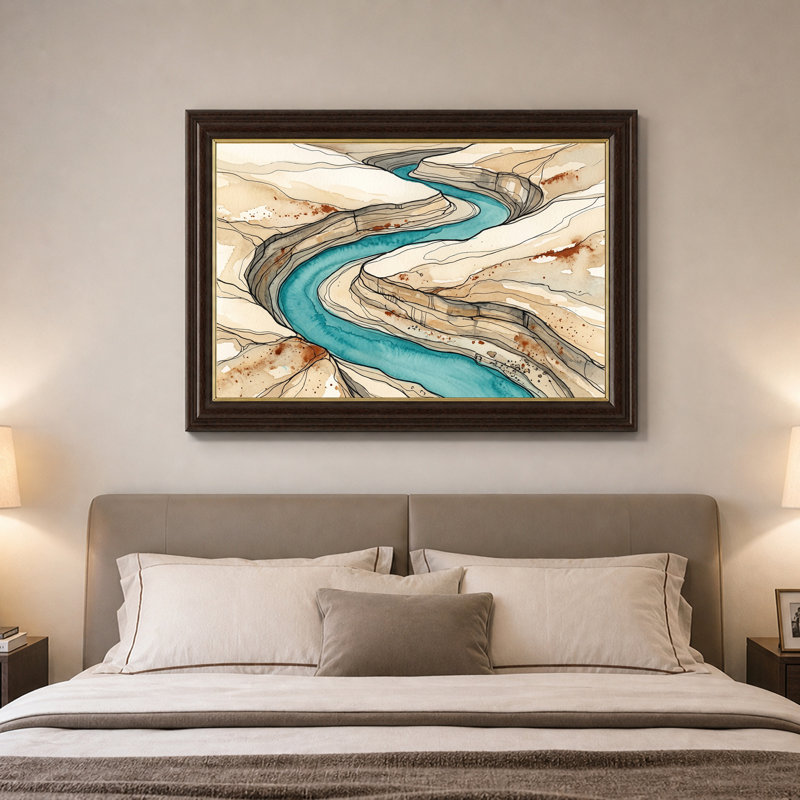 Curving Teal River Through Tan Canyon Strata Layers Canvas Wall Art, 12"H x 18"W