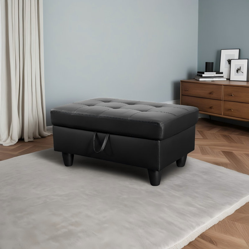 Faux Leather Ottoman, Black, Black Faux Leather