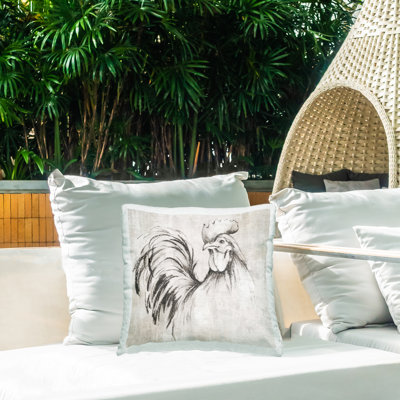 Coussin d'extérieur imprimé coq et croquis par Eli Jones