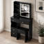Ensemble de coiffeuse compact de 74 cm (29,2 po) avec miroir coulissant à éclairage DEL à intensité variable (3 couleurs), tiroirs à gauche et tabouret rembourré-356579759